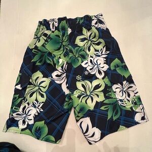 HANG TEN BOYS FLORAL SWIM TRUNKS/SHORTS SIZE MEDIUM. BLUE/WHITE/GREEN.